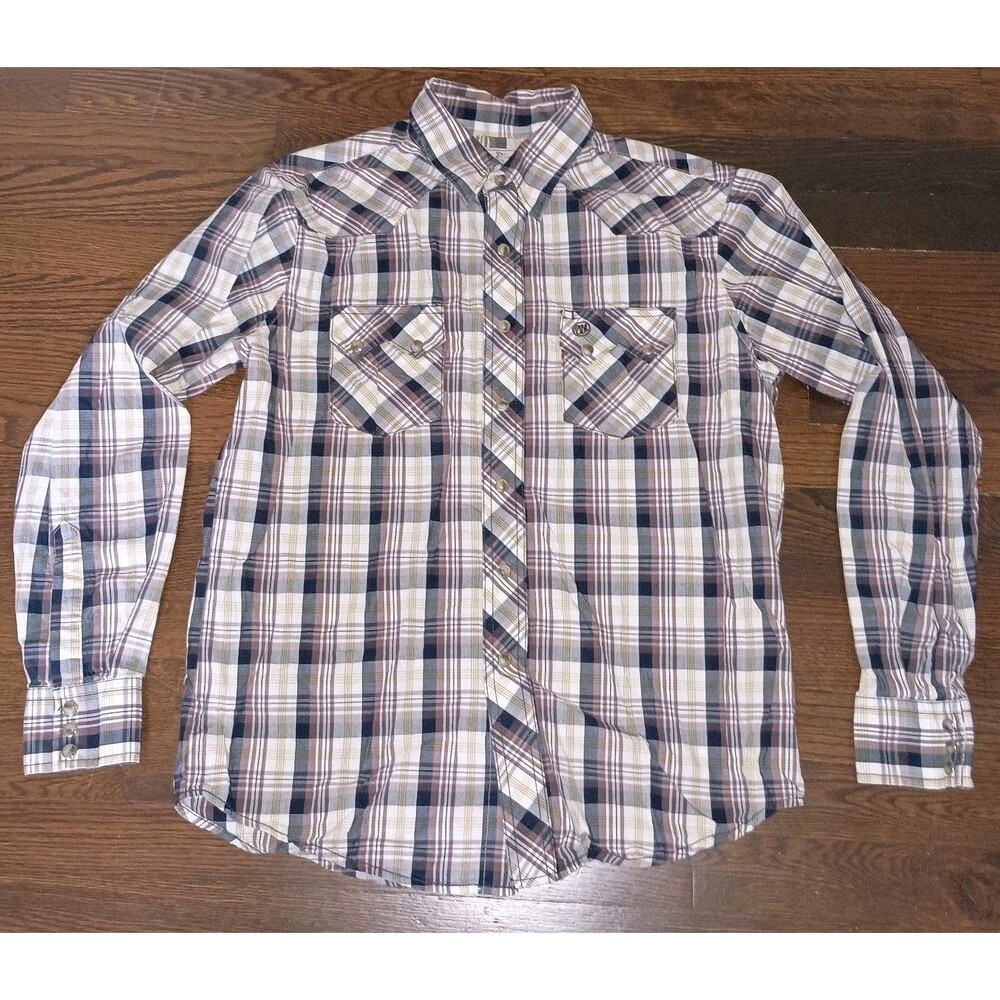 Wrangler Western Shirt Mens Medium Plaid Pearl Snap Sawtooth Pockets Cowboy